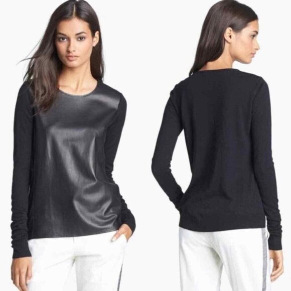 VINCE Lamb Leather Front Lightweight Wool Sweater - Picture 1 of 5